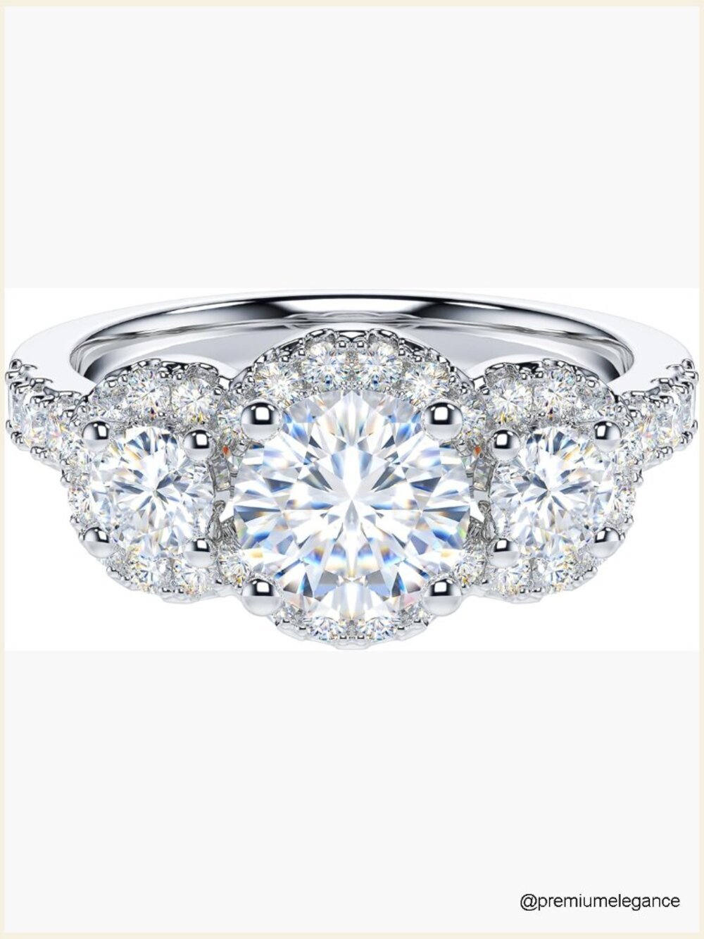 Genuine Moissanite Sterling Silver Three Stone Halo Promise Ring 1CT
